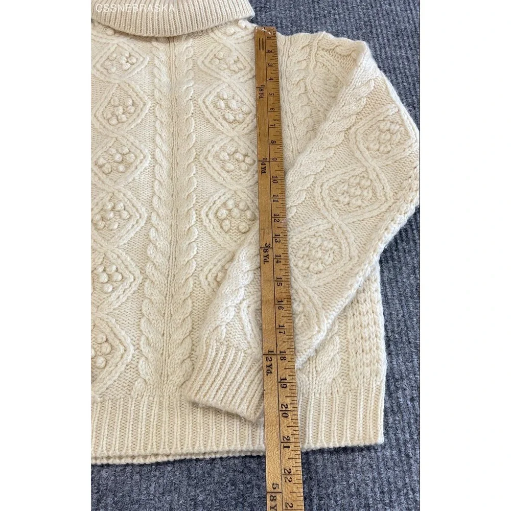 Vintage 80s Hand Loomed Women's Cream 100% Virgin Wool Zip Turtleneck Sweater L
